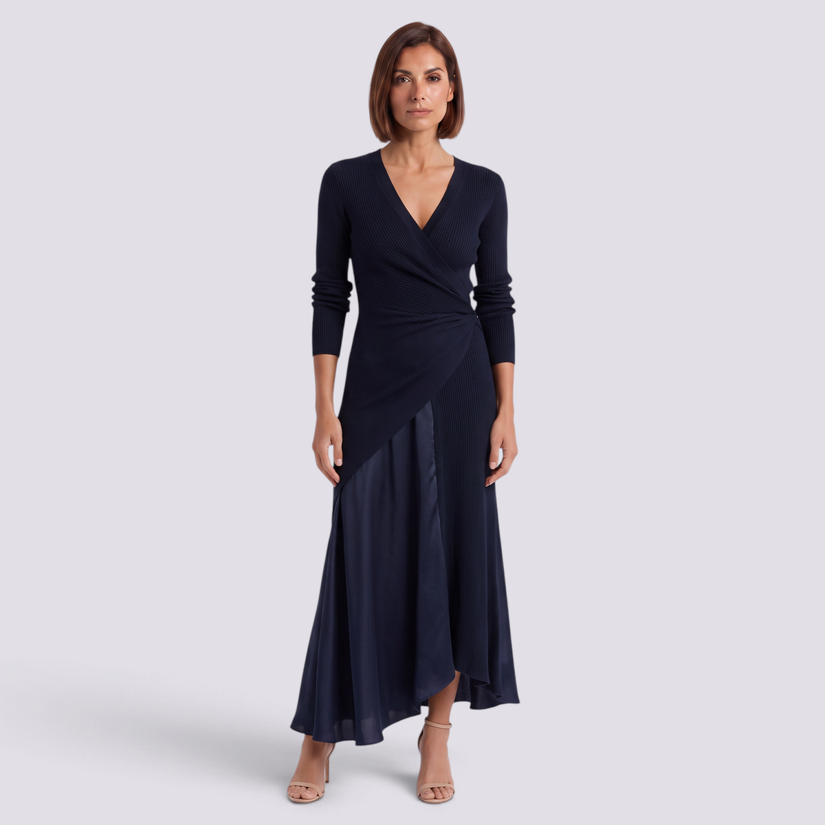 Vestido largo mujer escote V cintura entallada color azul marino, vista frontal