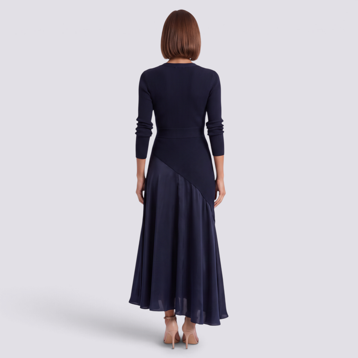 Vestido largo mujer escote V cintura entallada color azul marino, vista trasera