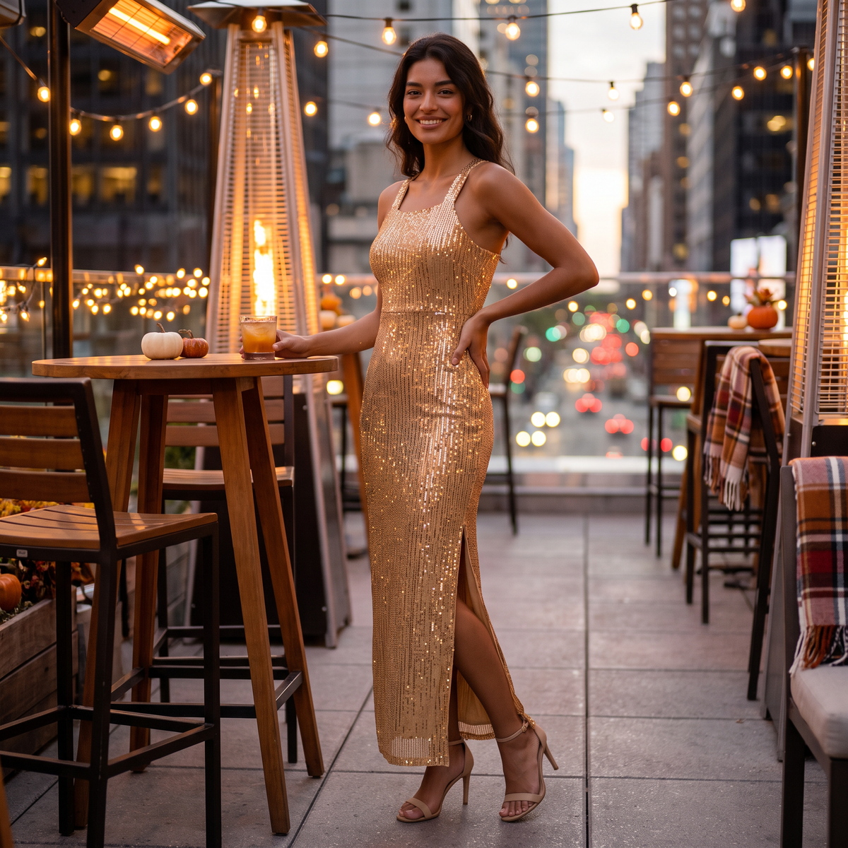 Vestido largo de fiesta dorado con escote halter y lentejuelas - lifestyle otoño