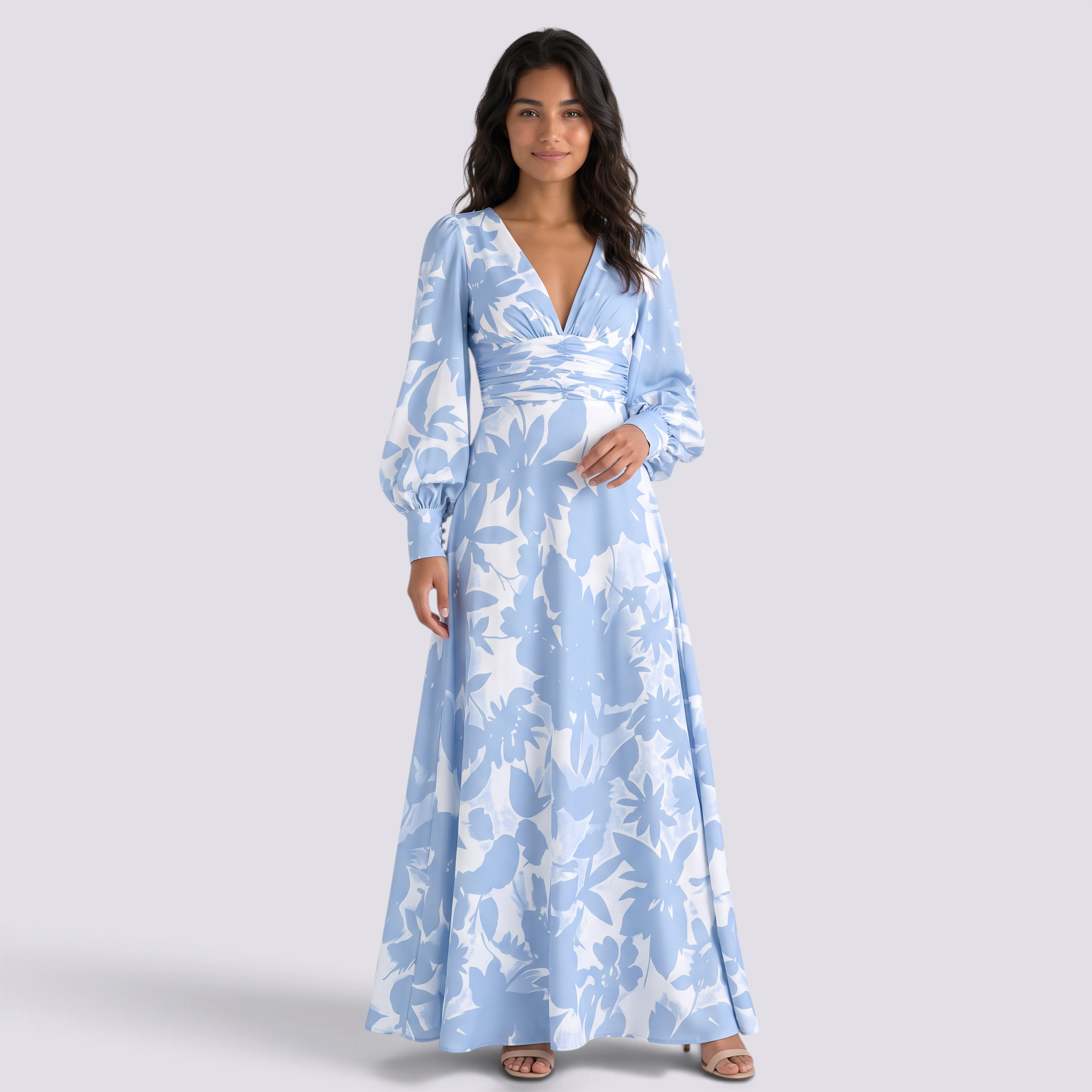 Vestido largo mujer manga abullonada escote V estampado azul claro, vista frontal