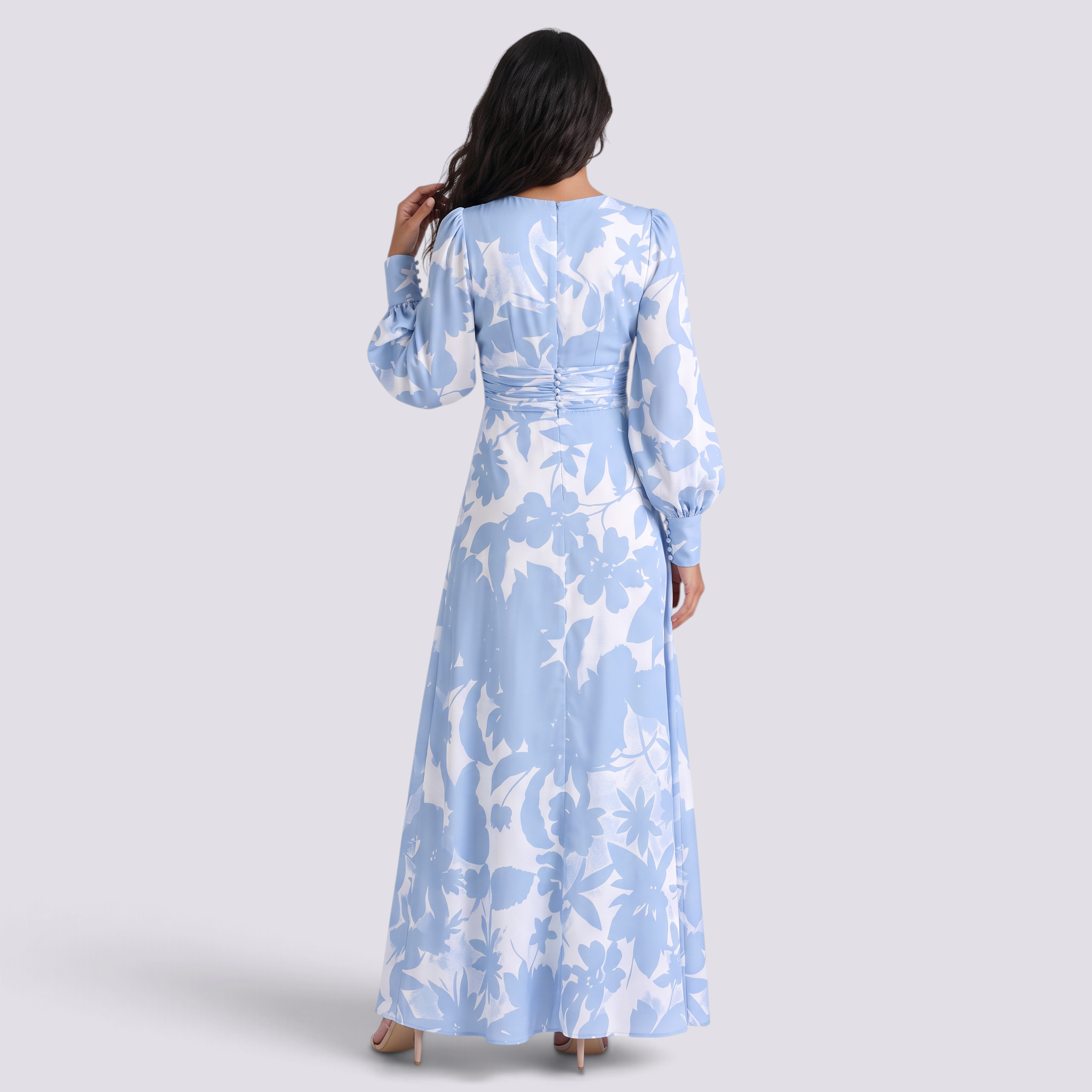 Vestido largo mujer manga abullonada escote V estampado azul claro, vista trasera