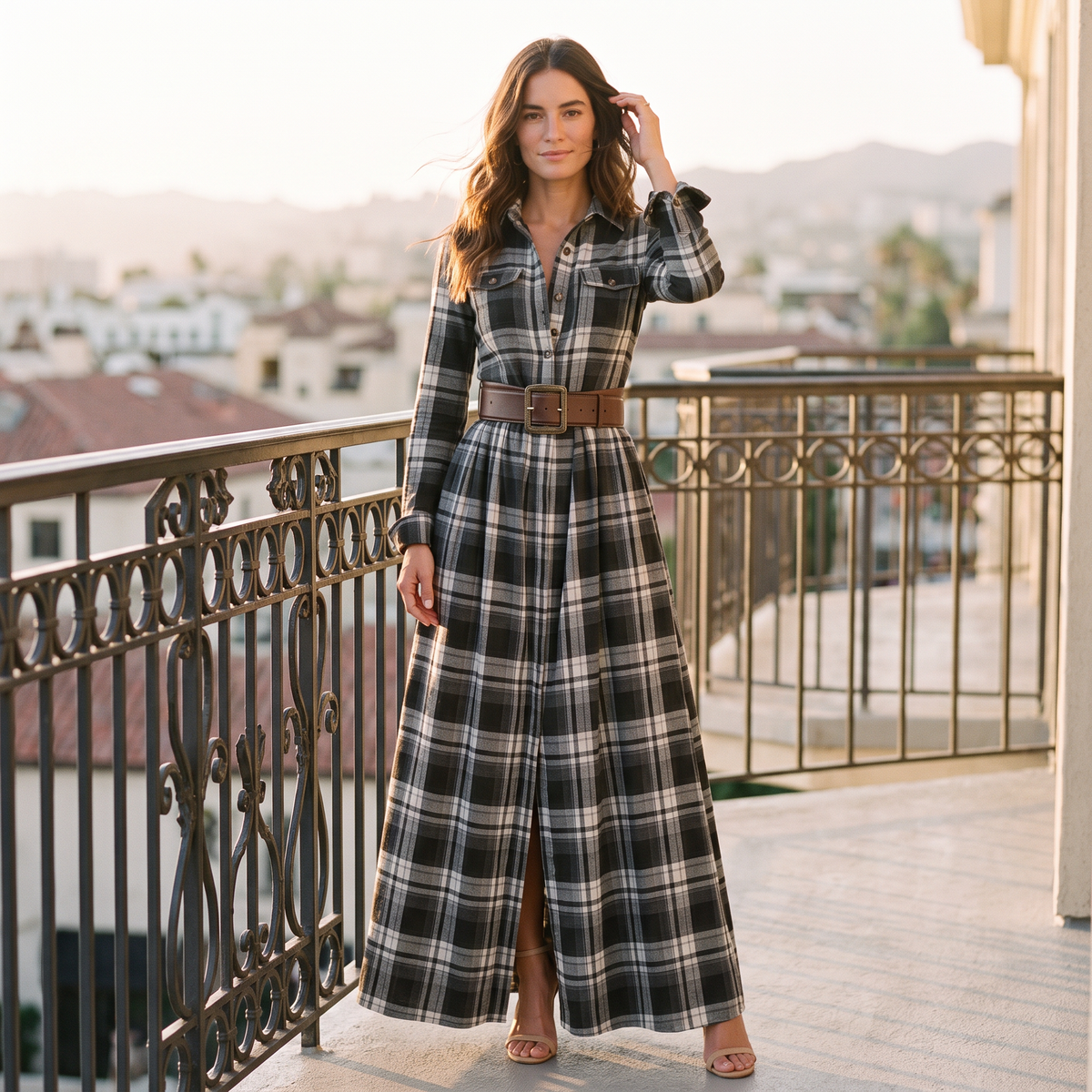 Mujer con vestido largo camisero de cuadros tartán con cinturón, cuadros negro, en una terraza al atardecer