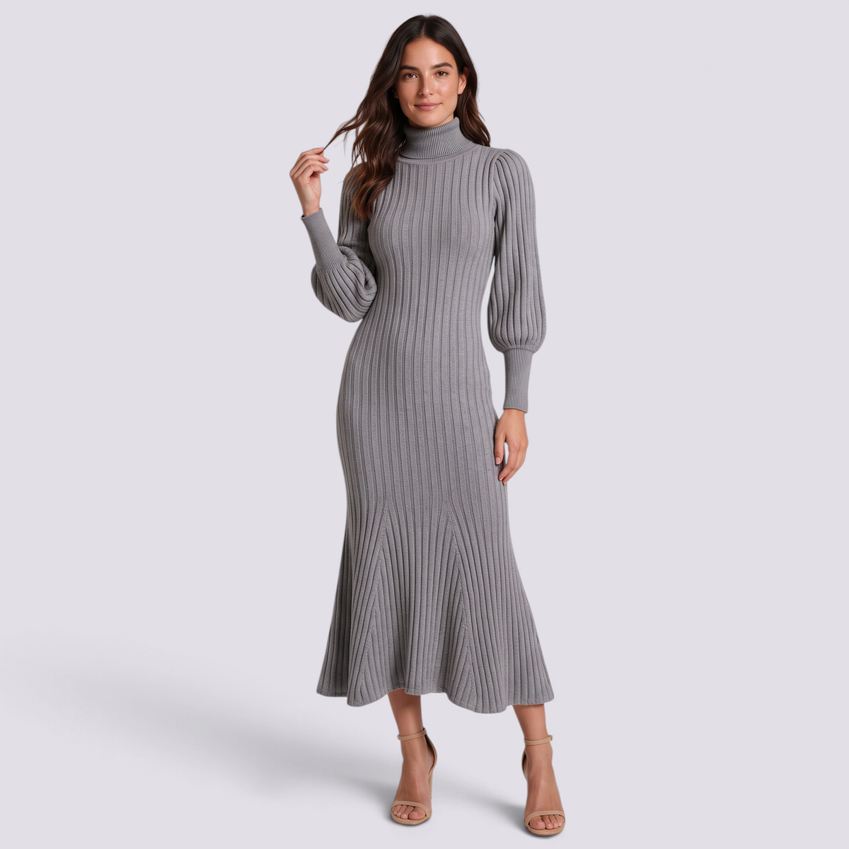 Vestido largo de mujer de punto acanalado con cuello alto, manga farol y bajo sirena color gris, vista frontal