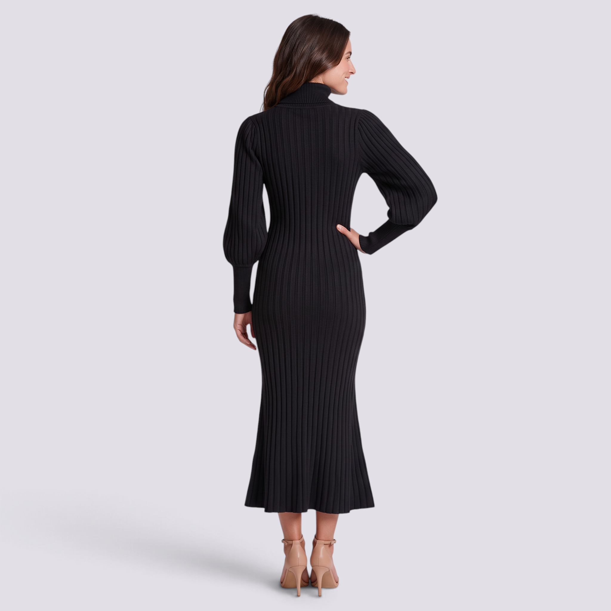 Vestido largo de mujer de punto acanalado con cuello alto, manga farol y bajo sirena color negro, vista trasera