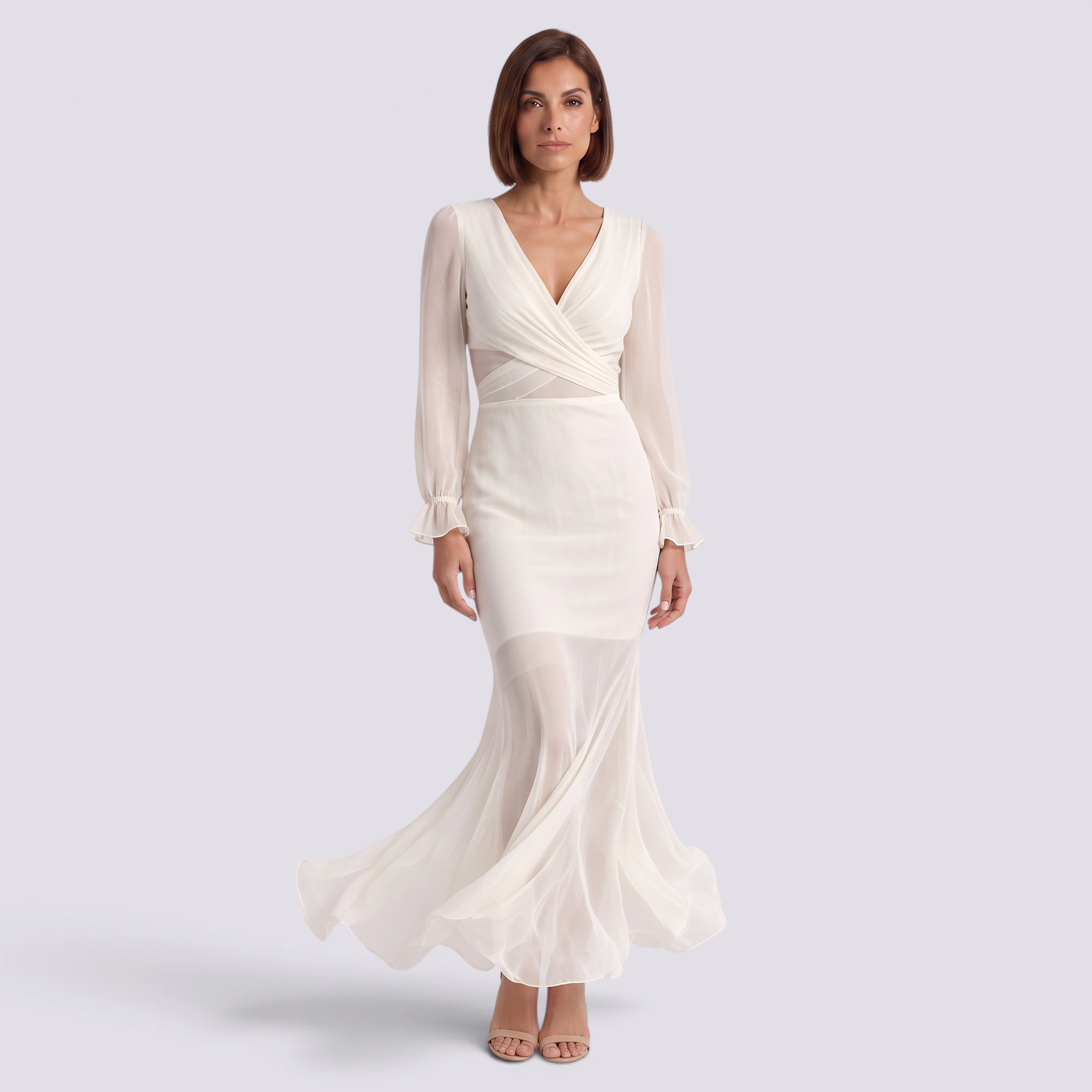 Vestido largo mujer gasa cruzado vuelo sirena Blanco vista frontal