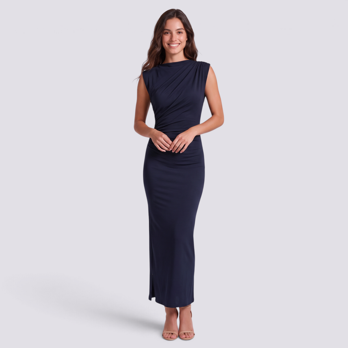 Vestido largo mujer sin mangas fruncido ajustado en azul marino, vista frontal