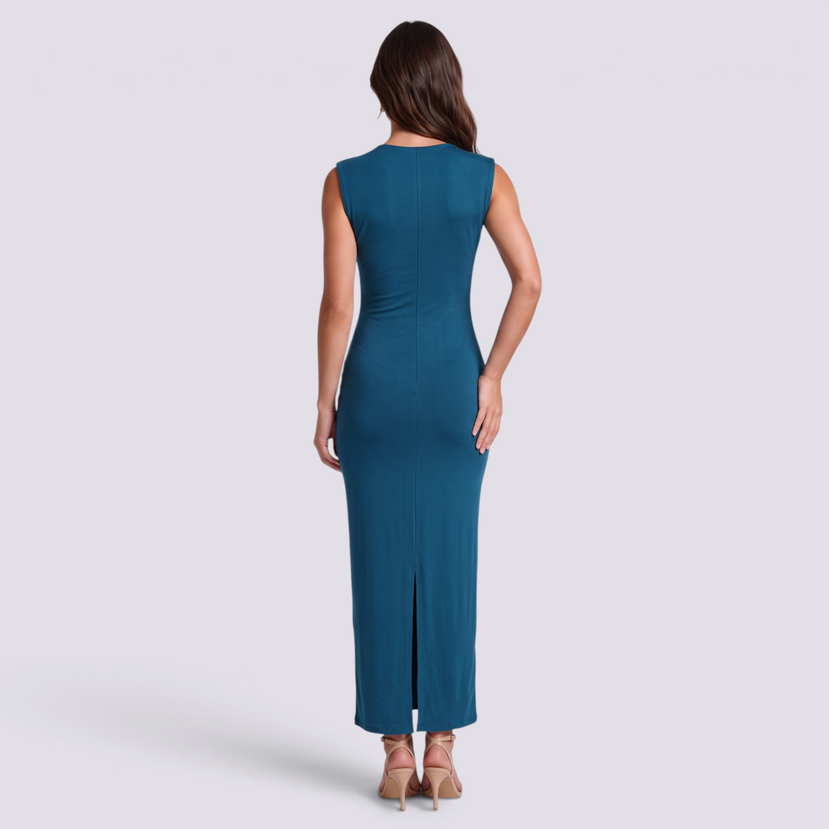 Vestido largo mujer sin mangas fruncido ajustado en azul pavo real, vista trasera