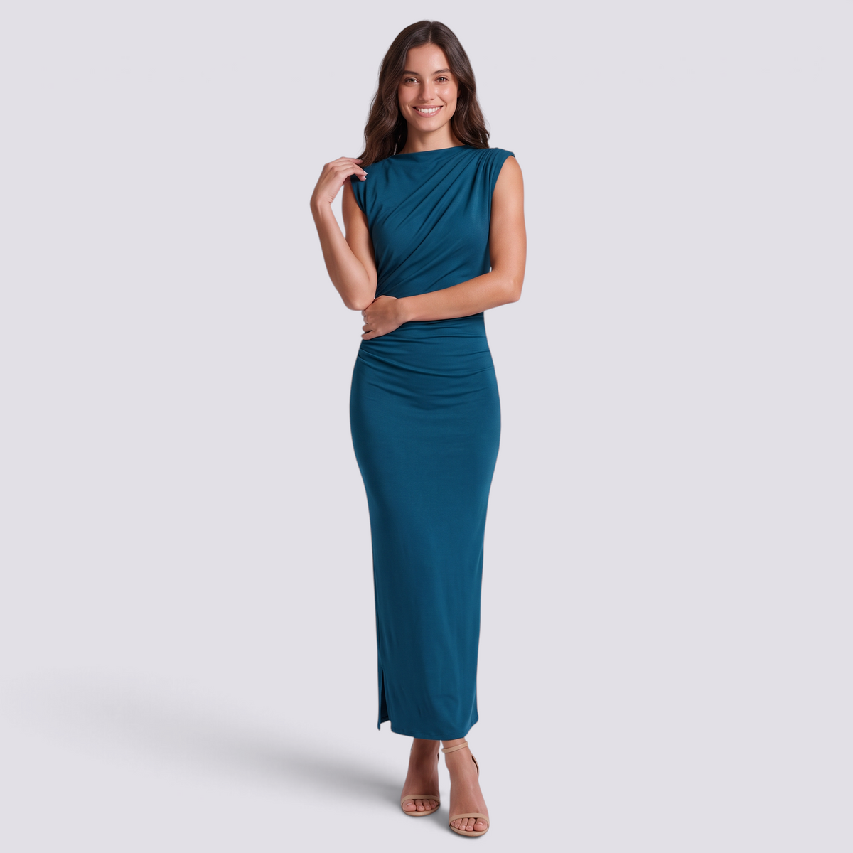 Vestido largo mujer sin mangas fruncido ajustado en azul pavo real, vista frontal