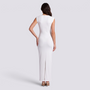 Vestido largo mujer sin mangas fruncido ajustado en blanco, vista trasera