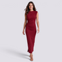 Vestido largo mujer sin mangas fruncido ajustado en burdeos, vista frontal