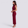 Vestido largo mujer sin mangas fruncido ajustado en burdeos, vista lateral