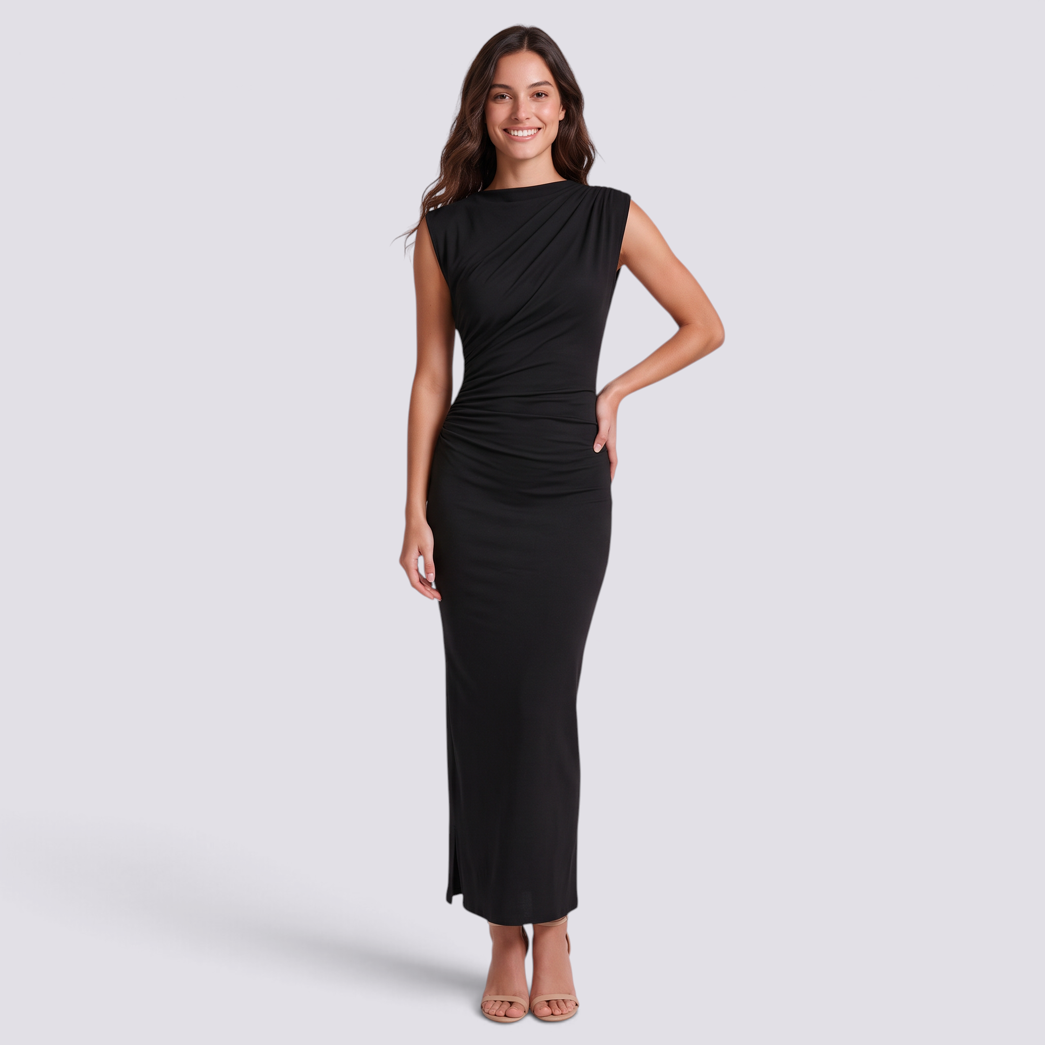 Vestido largo mujer sin mangas fruncido ajustado en negro, vista frontal