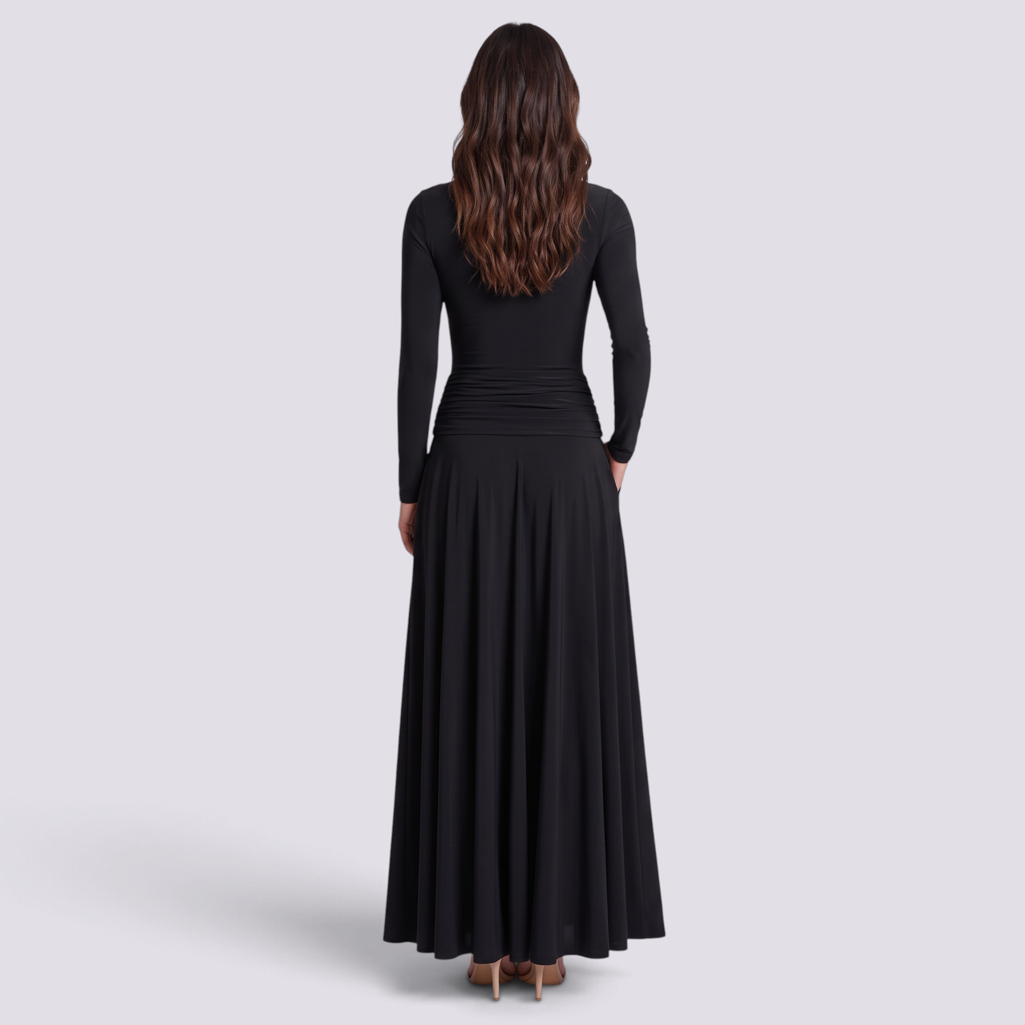 Vestido largo mujer escote barco falda de vuelo negro, vista trasera