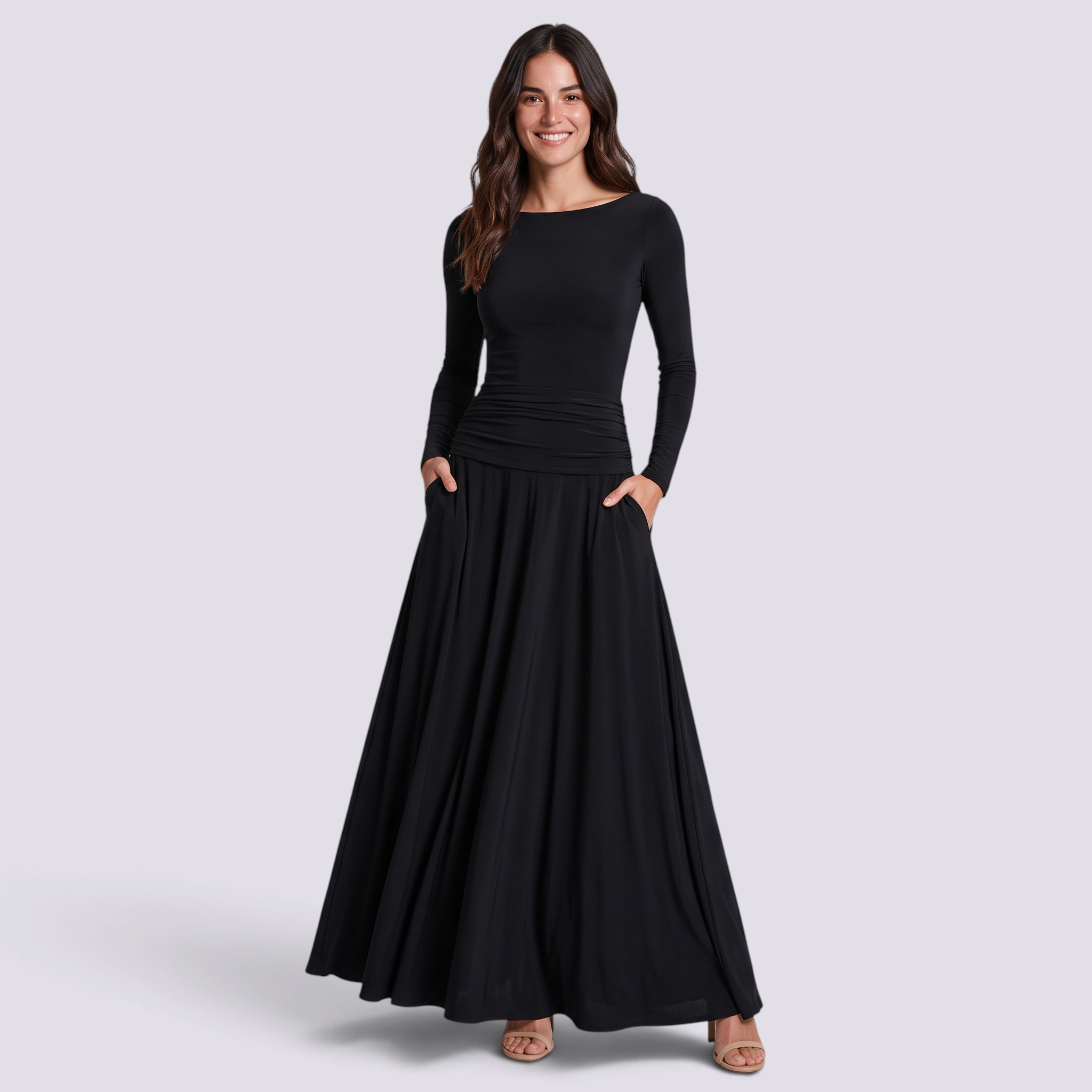 Vestido largo mujer escote barco falda de vuelo negro, vista frontal