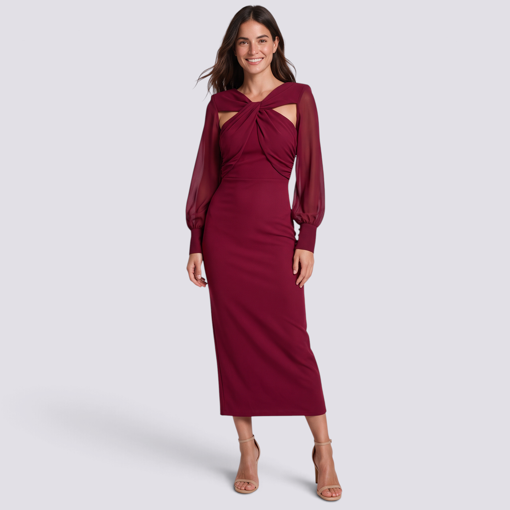 Vestido midi mujer escote cruzado manga globo color rojo, vista frontal