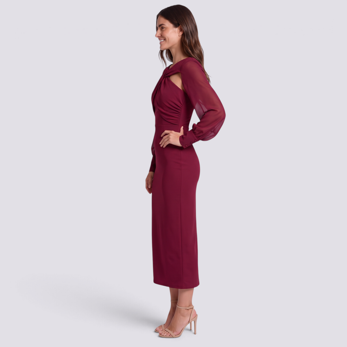 Vestido midi mujer escote cruzado manga globo color rojo, vista lateral