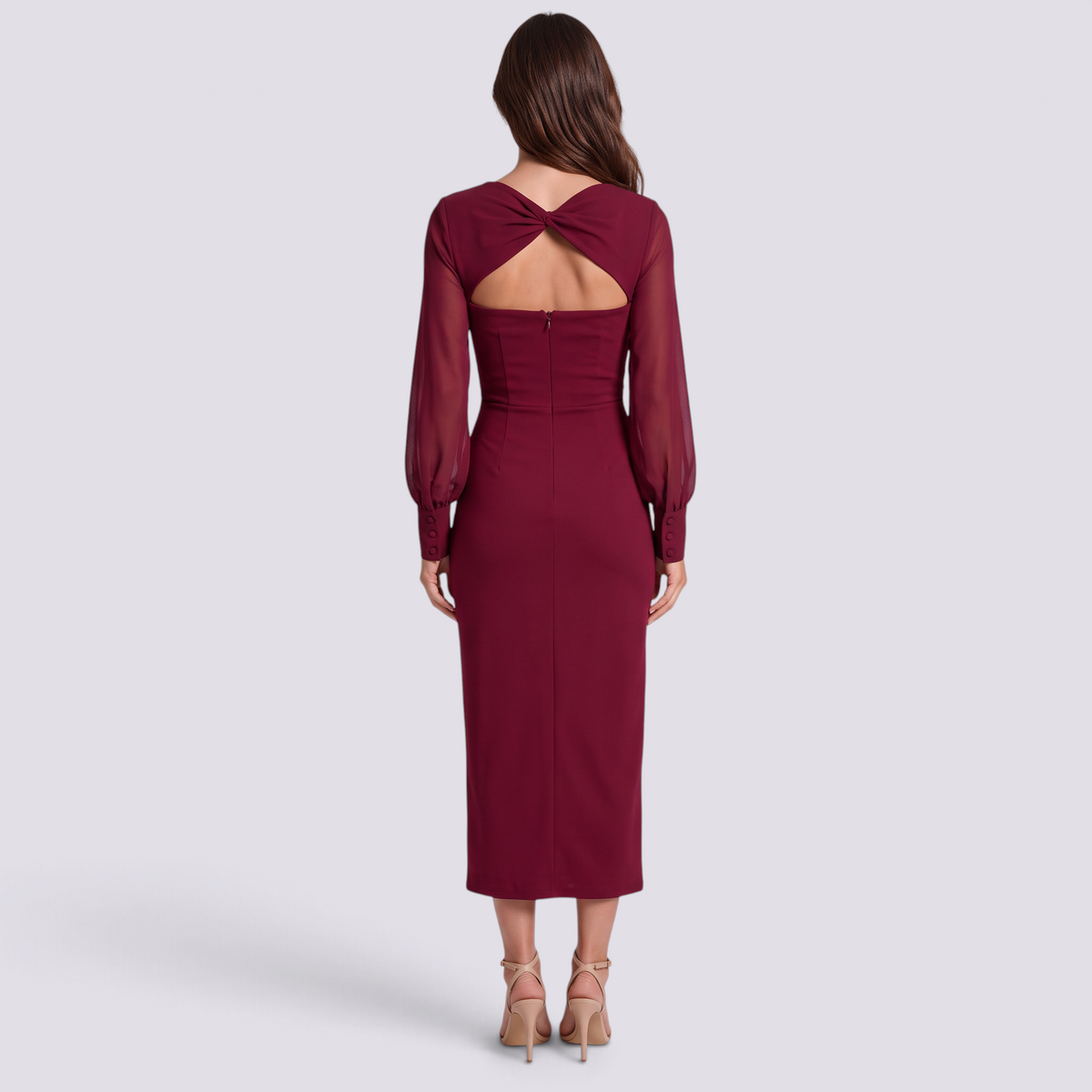 Vestido midi mujer escote cruzado manga globo color rojo, vista trasera