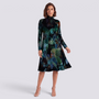 Vestido midi de mujer con cuello alto y estampado abstracto en azul petróleo, vista frontal