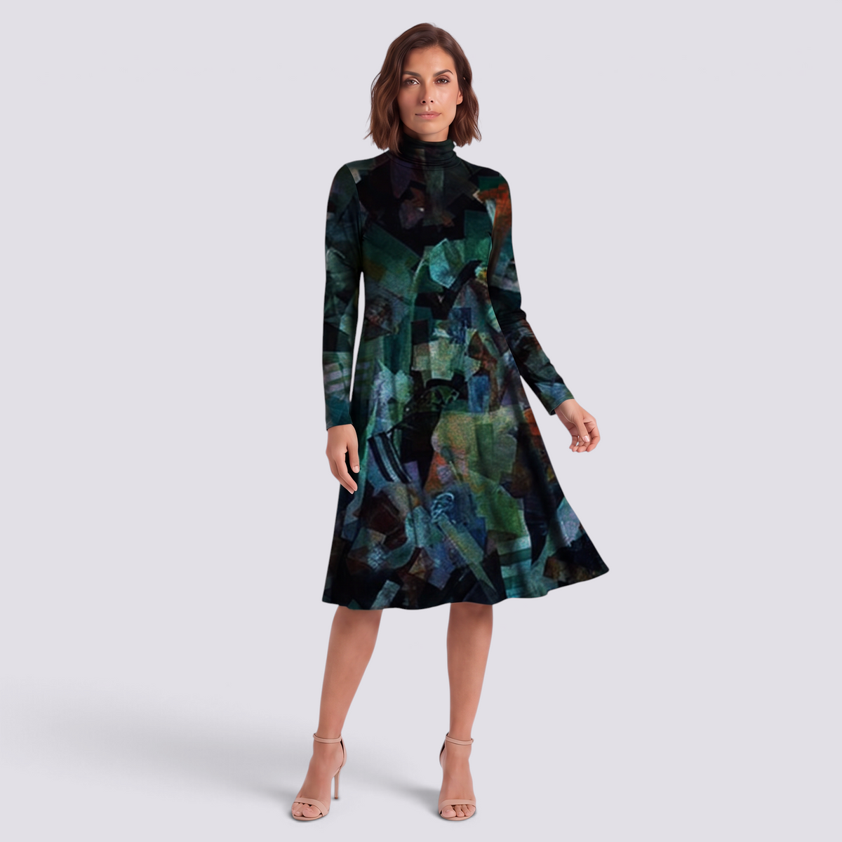 Vestido midi de mujer con cuello alto y estampado abstracto en azul petróleo, vista frontal