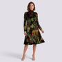 Vestido midi de mujer con cuello alto y estampado abstracto en verde oliva, vista frontal