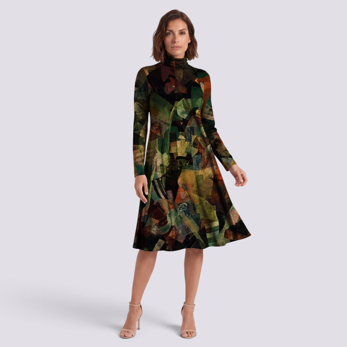 Vestido midi de mujer con cuello alto y estampado abstracto en verde oliva, vista frontal