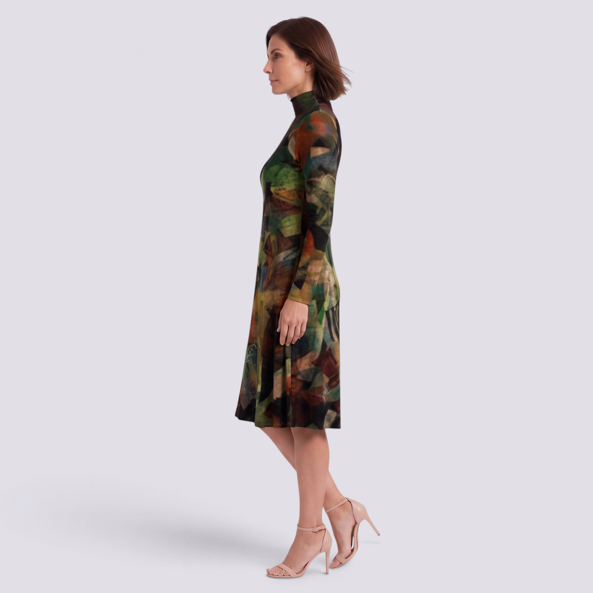 Vestido midi de mujer con cuello alto y estampado abstracto en verde oliva, vista lateral