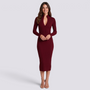 Vestido midi de mujer de punto con cuello alto en burdeos, vista frontal