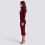 Vestido midi de mujer de punto con cuello alto en burdeos, vista lateral