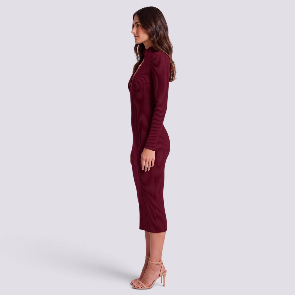 Vestido midi de mujer de punto con cuello alto en burdeos, vista lateral