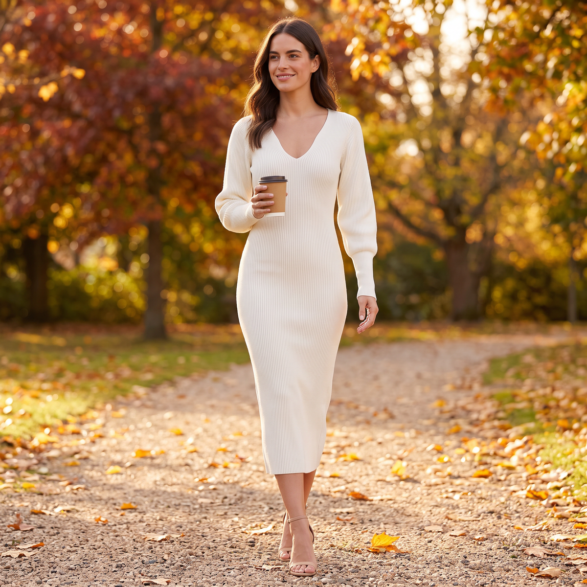 Mujer paseando por un parque en otoño con vestido midi de punto canalé ajustado en blanco, imagen lifestyle