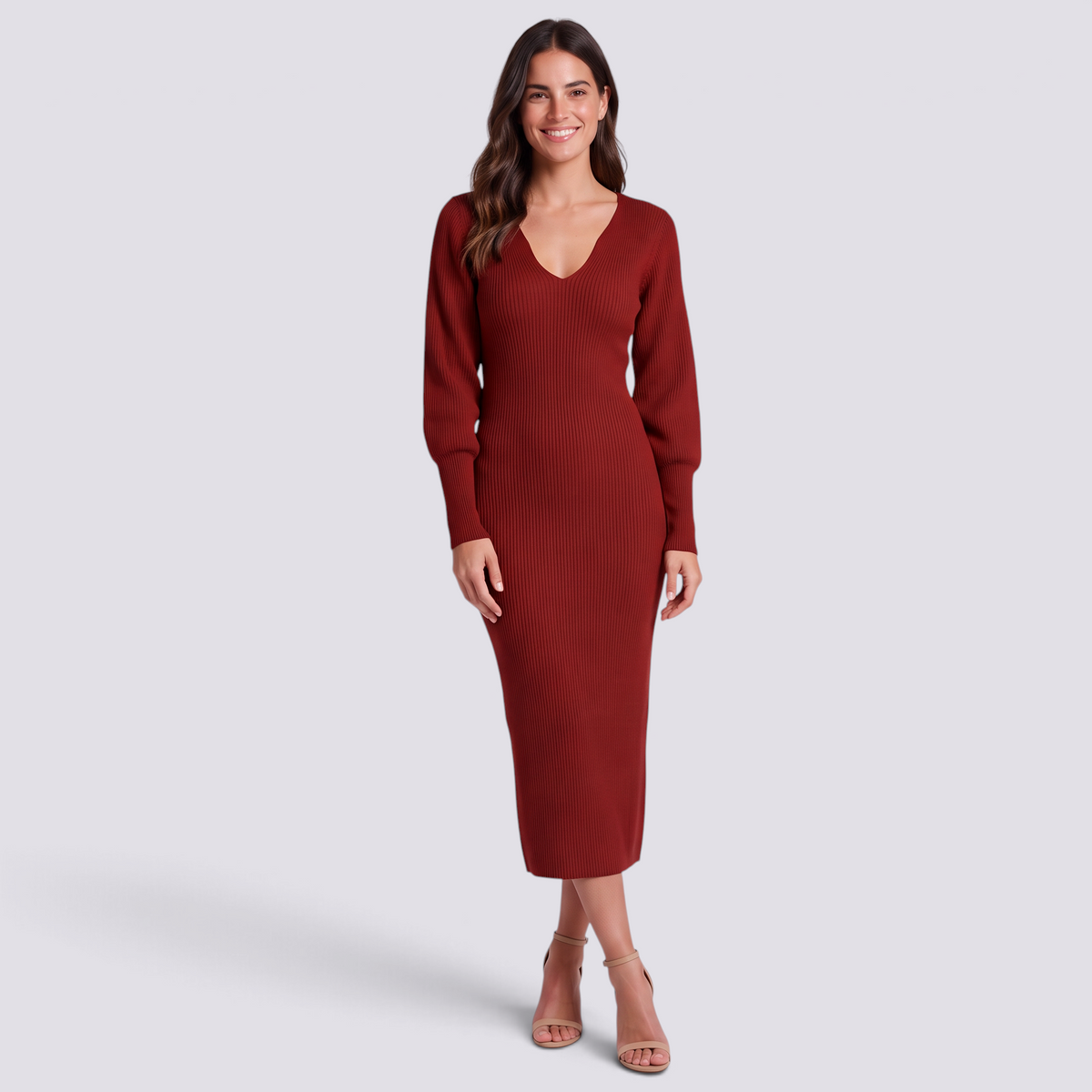 Mujer con vestido midi de punto canalé ajustado en rojo, vista frontal