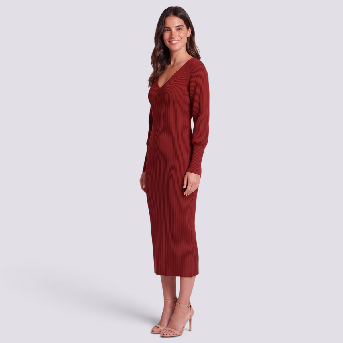 Mujer con vestido midi de punto canalé ajustado en rojo, vista lateral