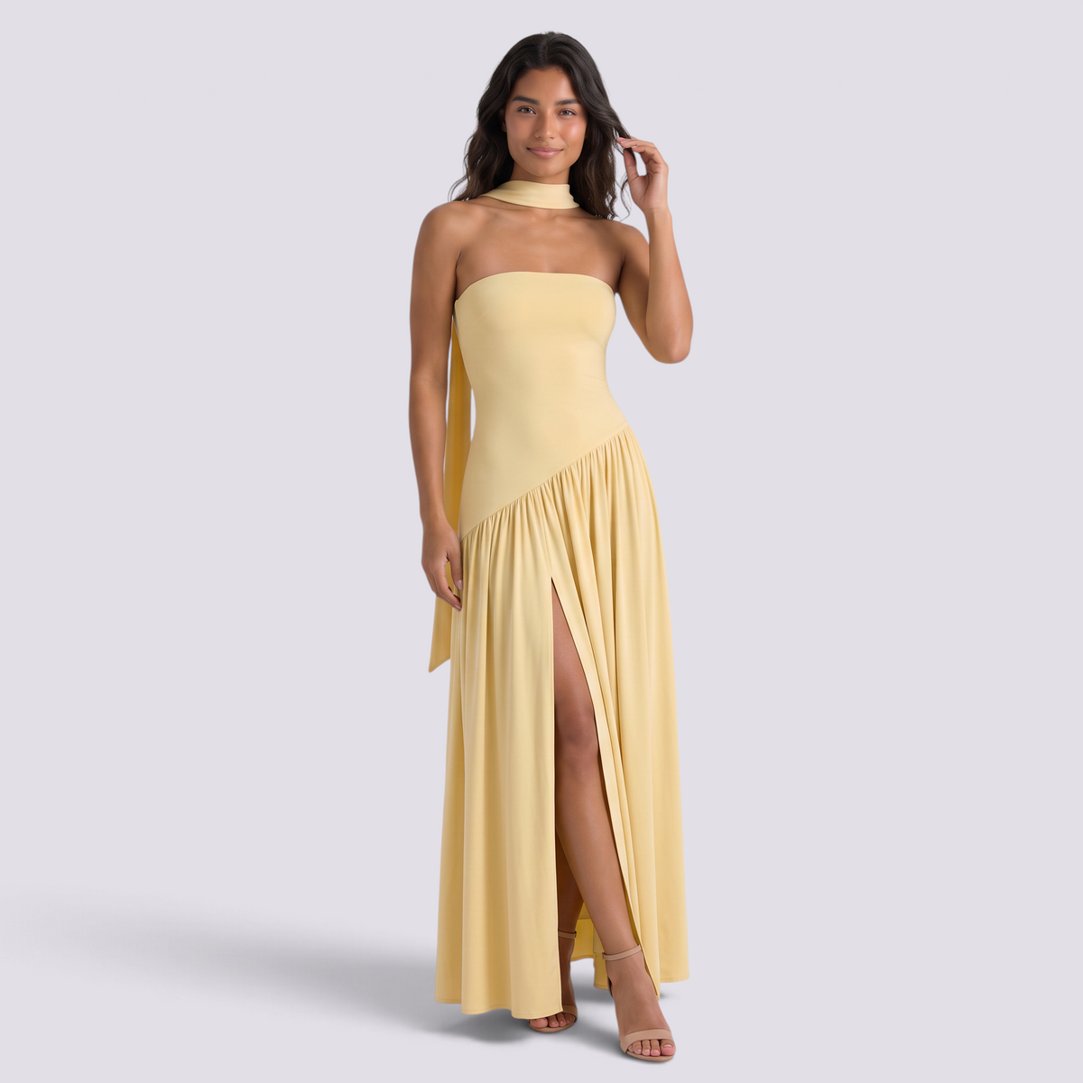 Vestido largo mujer palabra de honor con fular, Amarillo Limón, vista frontal