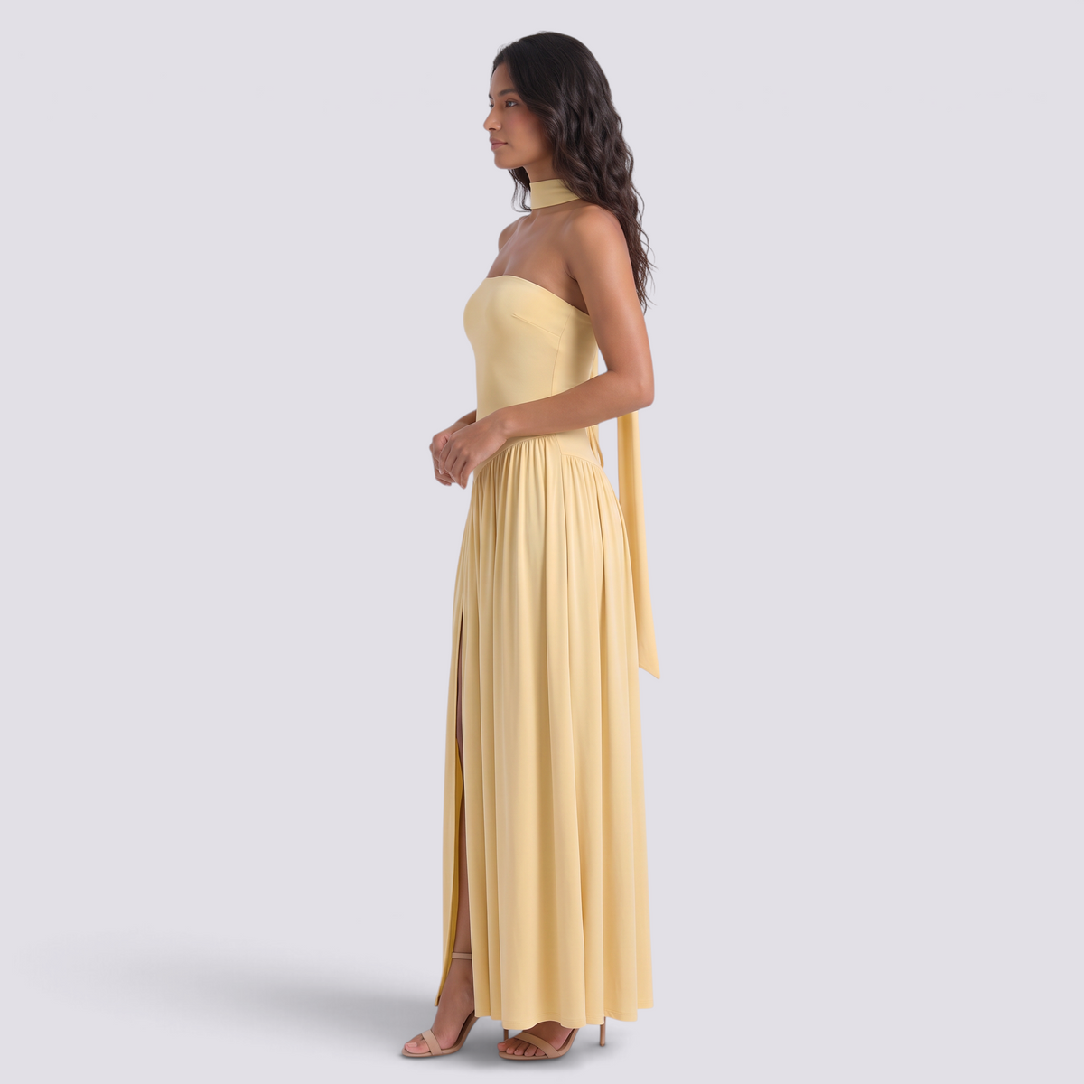 Vestido largo mujer palabra de honor con fular, Amarillo Limón, vista lateral