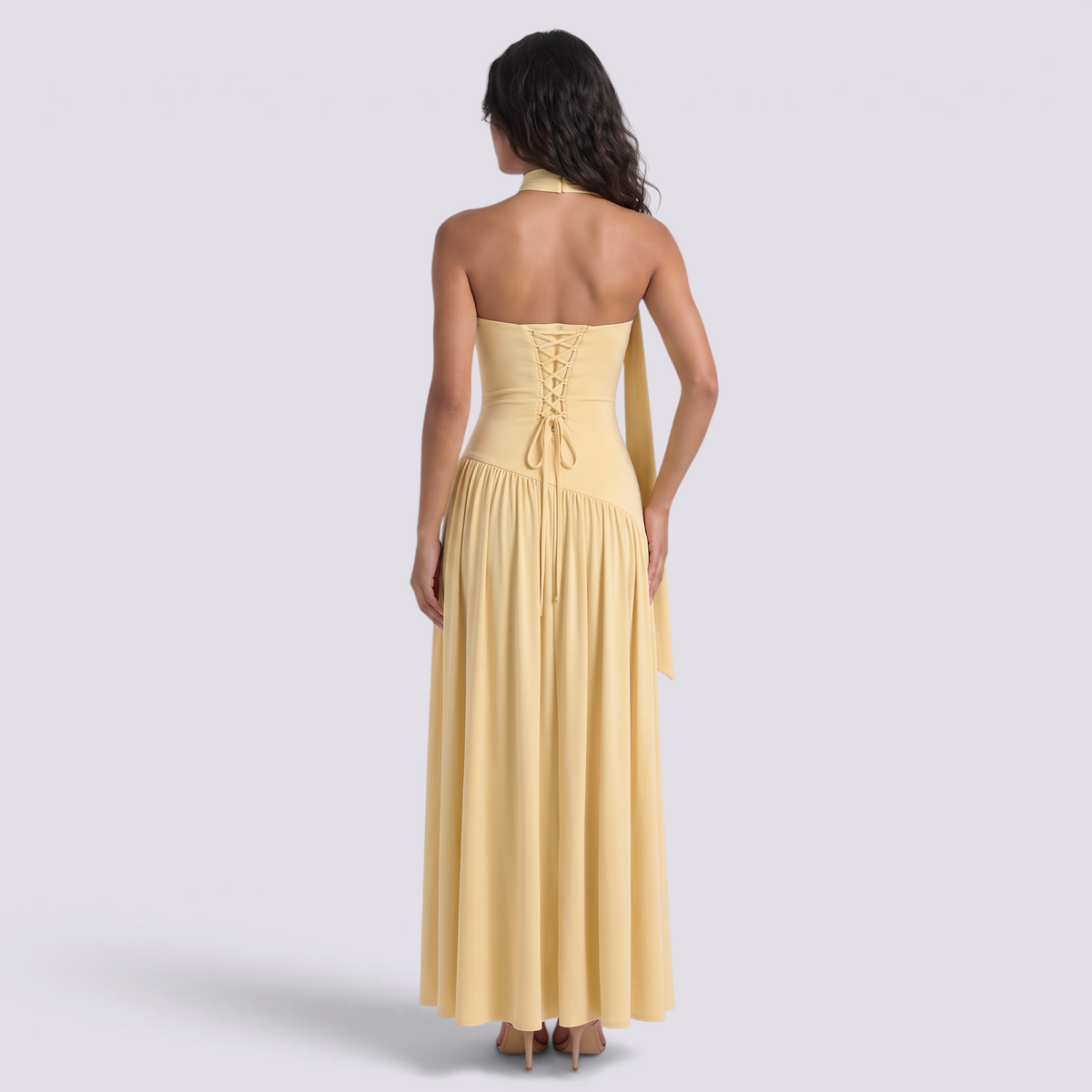 Vestido largo mujer palabra de honor con fular, Amarillo Limón, vista trasera