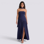 Vestido largo mujer palabra de honor con fular, Azul Marino, vista frontal