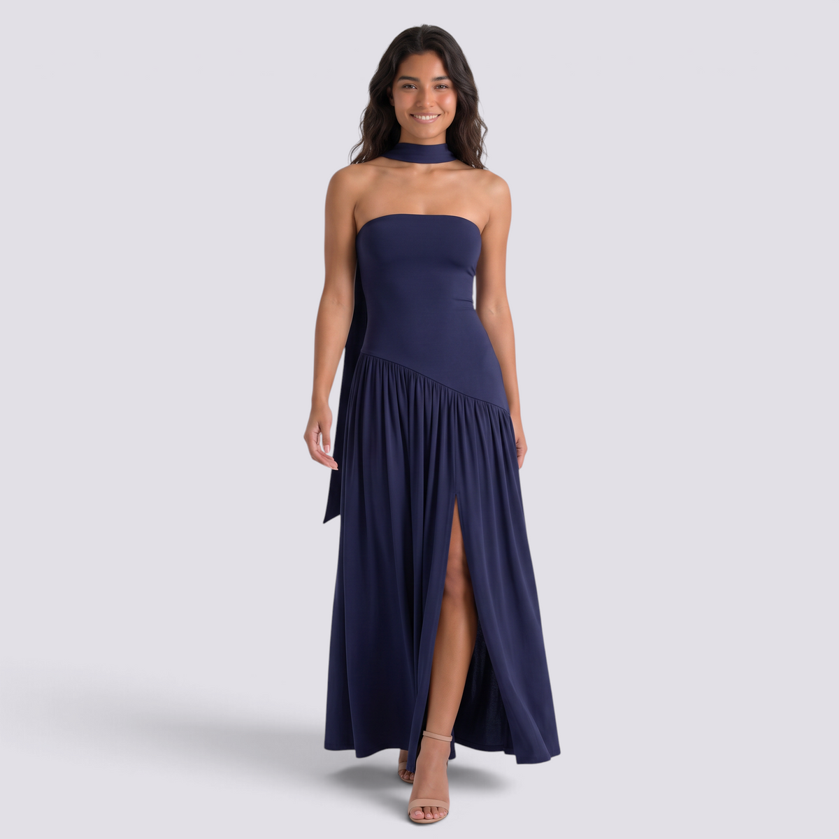 Vestido largo mujer palabra de honor con fular, Azul Marino, vista frontal