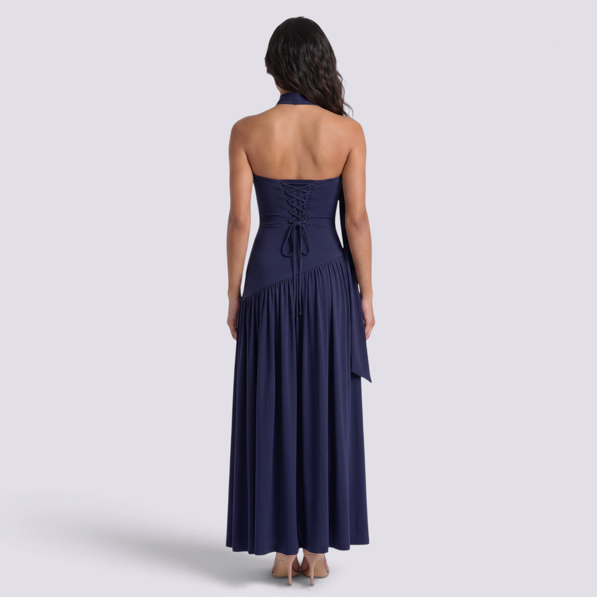 Vestido largo mujer palabra de honor con fular, Azul Marino, vista trasera
