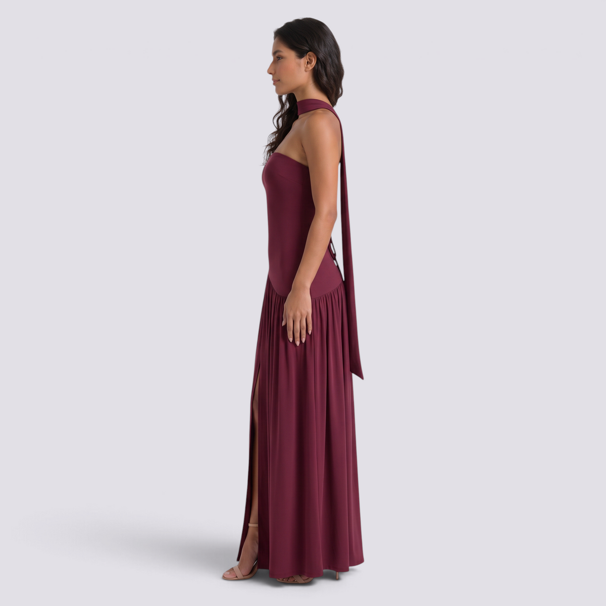 Vestido largo mujer palabra de honor con fular, Burdeos, vista lateral