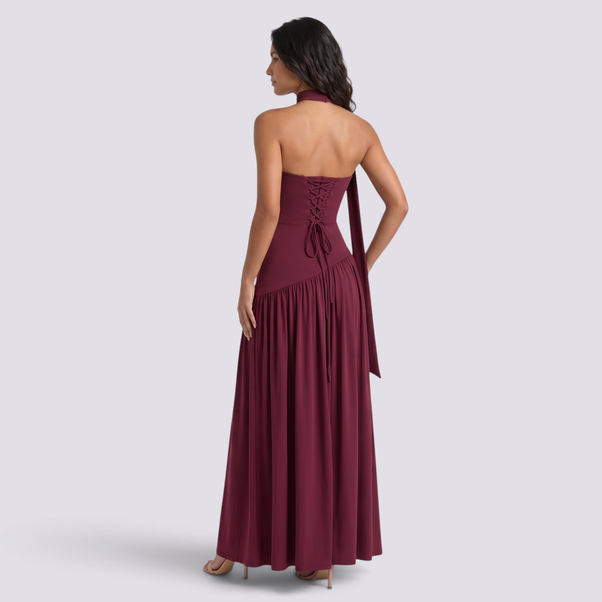Vestido largo mujer palabra de honor con fular, Burdeos, vista trasera