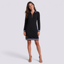 Vestido polo de mujer con media cremallera y bolsillos color negro, manga larga y cuello polo, vista frontal