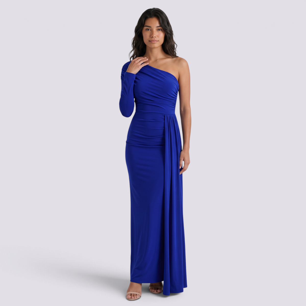 Vestido de noche mujer un hombro manga larga color azul, vista frontal