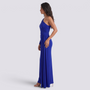 Vestido de noche mujer un hombro manga larga color azul, vista lateral