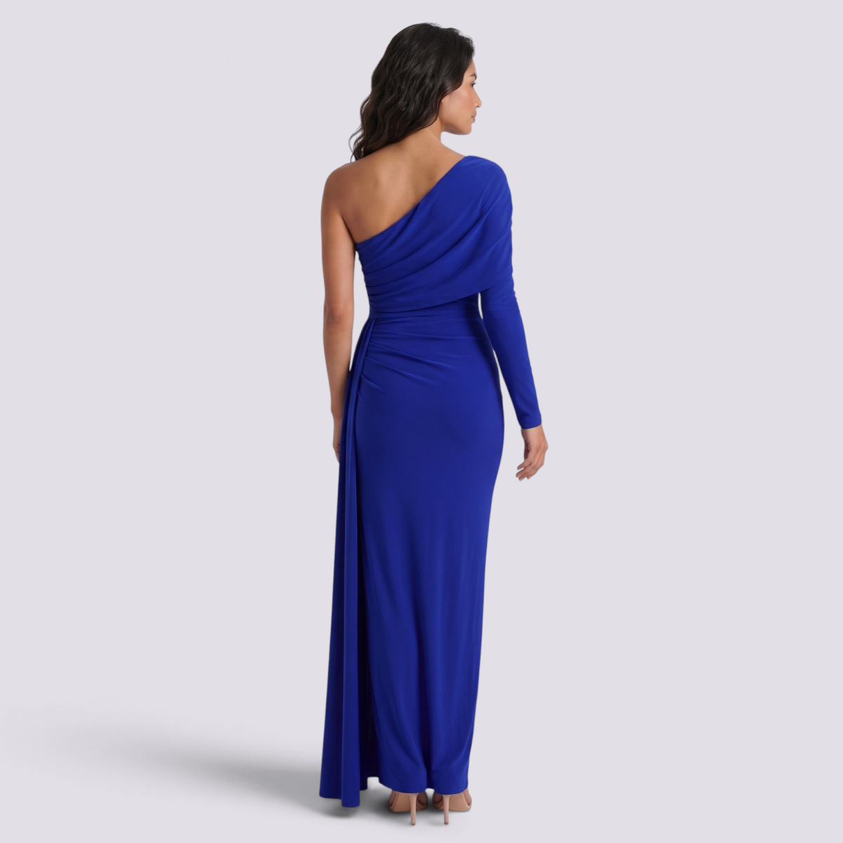 Vestido de noche mujer un hombro manga larga color azul, vista trasera