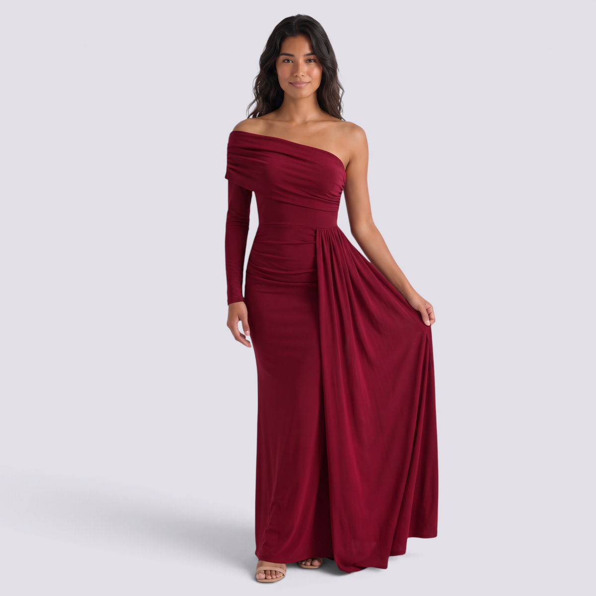 Vestido de noche mujer un hombro manga larga color burdeos, vista frontal
