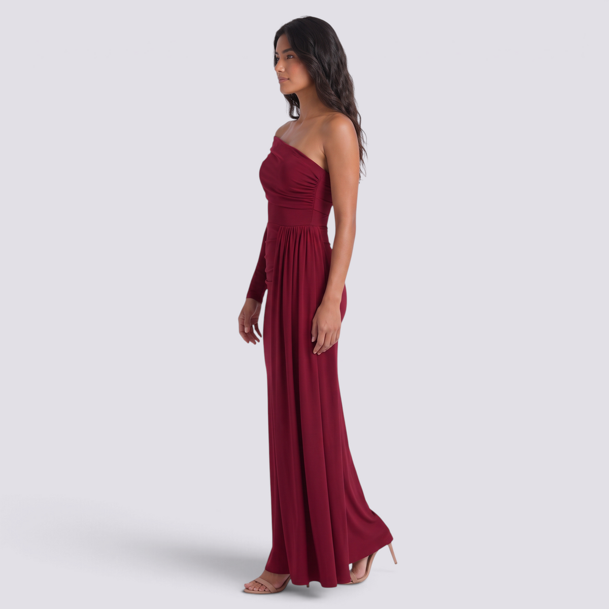 Vestido de noche mujer un hombro manga larga color burdeos, vista lateral