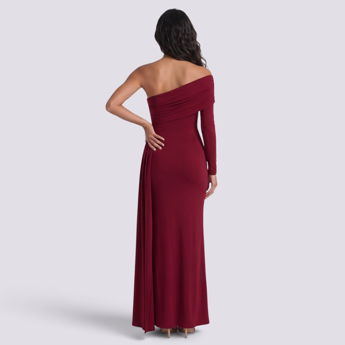 Vestido de noche mujer un hombro manga larga color burdeos, vista trasera