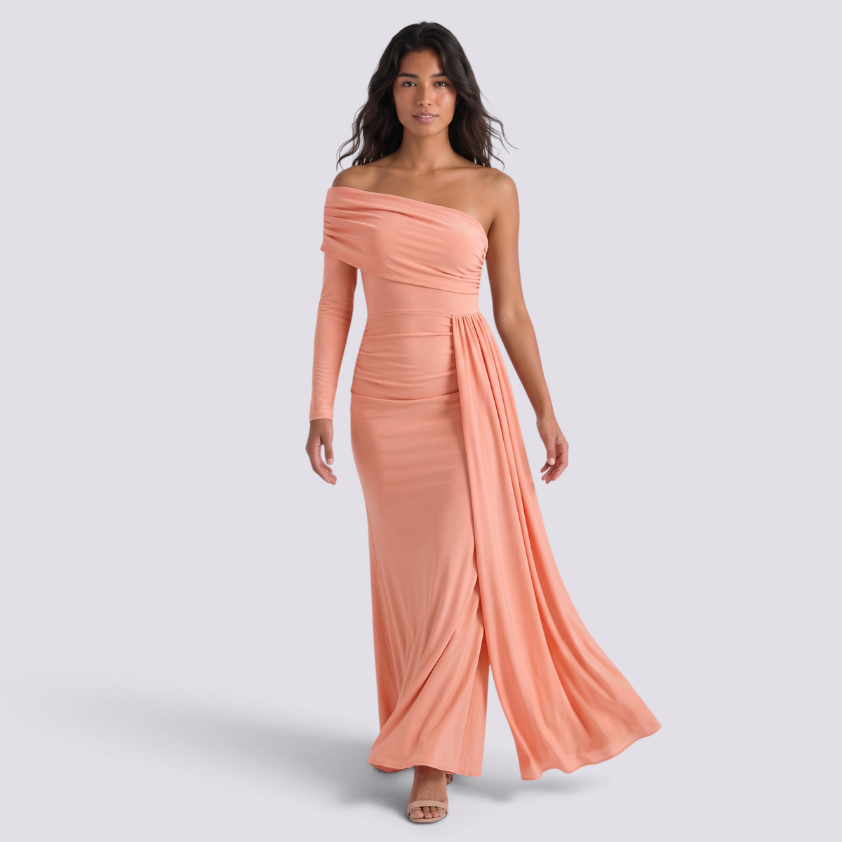 Vestido de noche mujer un hombro manga larga color melocotón, vista frontal
