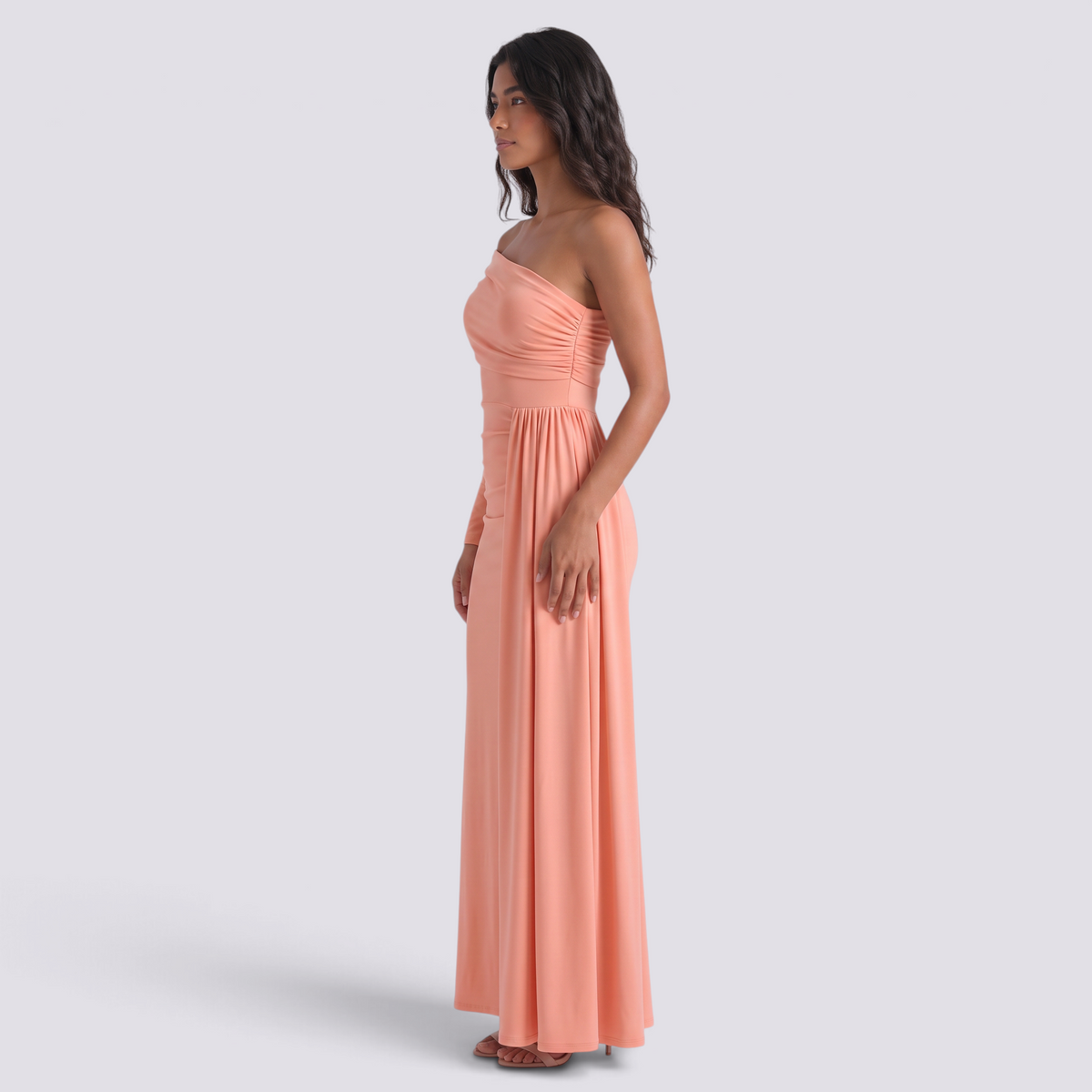 Vestido de noche mujer un hombro manga larga color melocotón, vista lateral