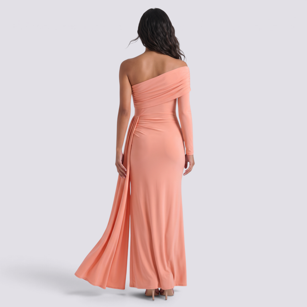Vestido de noche mujer un hombro manga larga color melocotón, vista trasera